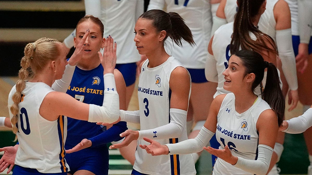 In Fort Collins, Colo., on October 3, 2024, San Jose State setter Brooke Slusser celebrates after scoring a point with teammates libero Randilyn Reeves, outside hitter Blaire Fleming, and libero Alessia Buffagni during the first set of an NCAA college volleyball match against Colorado State. Source: Fox News