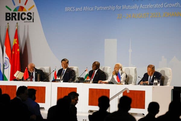 Leaders gather for the BRICS Summit in Johannesburg in 2023, representing Brazil, China, South Africa, India, and Russia. Source: New York Times