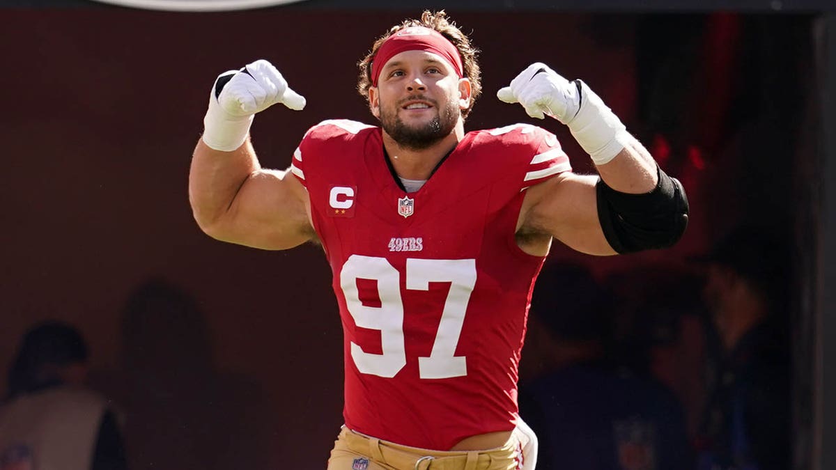 Nick Bosa (97) of the San Francisco 49ers is introduced before the game against the Kansas City Chiefs at Levi's Stadium in Santa Clara, California on Oct. 20, 2024. Source: Fox News